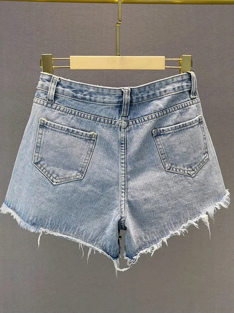 Shorts jeans donna Y2K vita alta con strass e frange – Primavera 2025