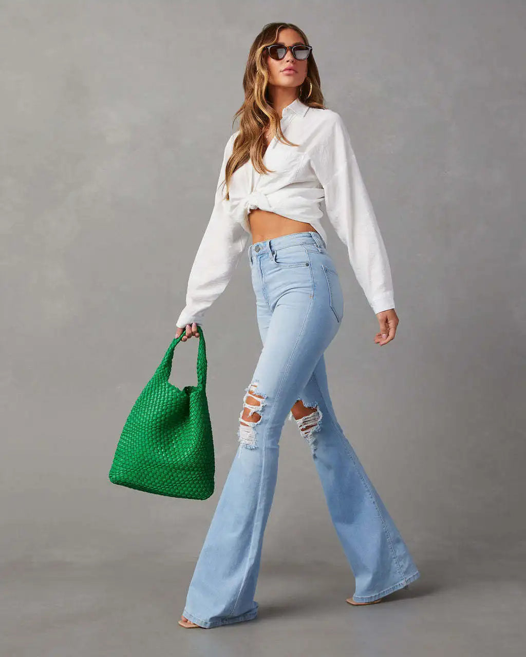 Jeans Donna Vita Alta Flare Ankle con Tasche & Strappi – Denim Loose Fit