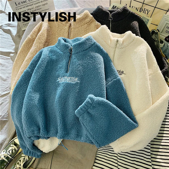 Felpa donna in pile con collo alto, zip e coulisse