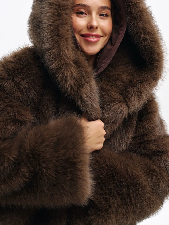 Pelliccia sintetica donna marrone con cappuccio