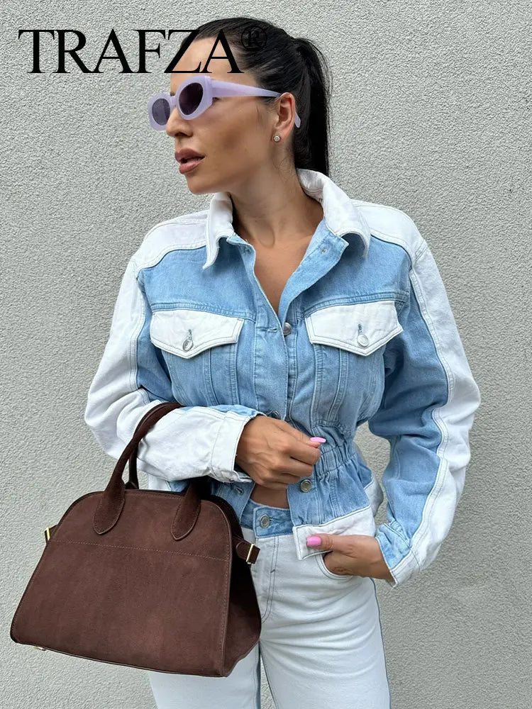Set patchwork denim donna 2025 ‒ completo giacca monopetto + pantaloni wide-leg, look autunnale fashion con tasche