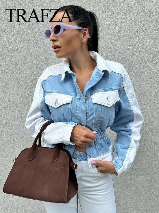 Set patchwork denim donna 2025 ‒ completo giacca monopetto + pantaloni wide-leg, look autunnale fashion con tasche