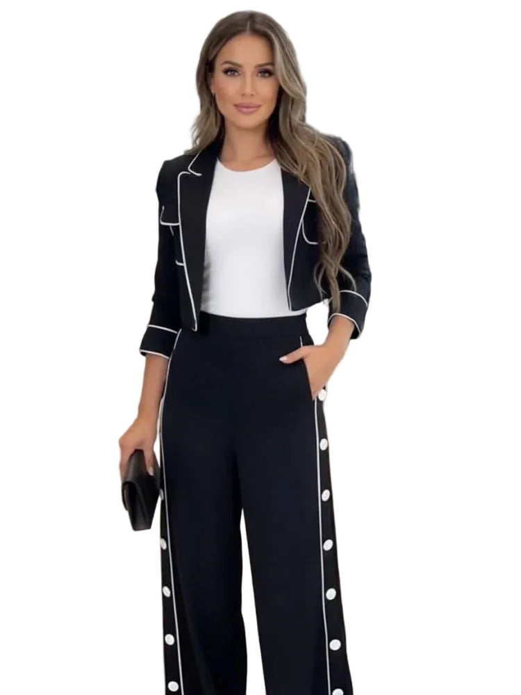 Completo Donna Elegante Blazer Cropped e Pantalone Palazzo
