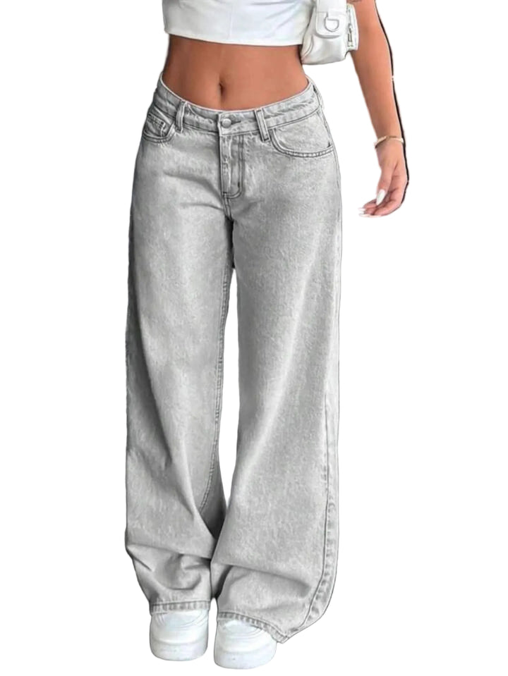 Jeans Wide Leg Donna Grigio Lavato a Vita Media