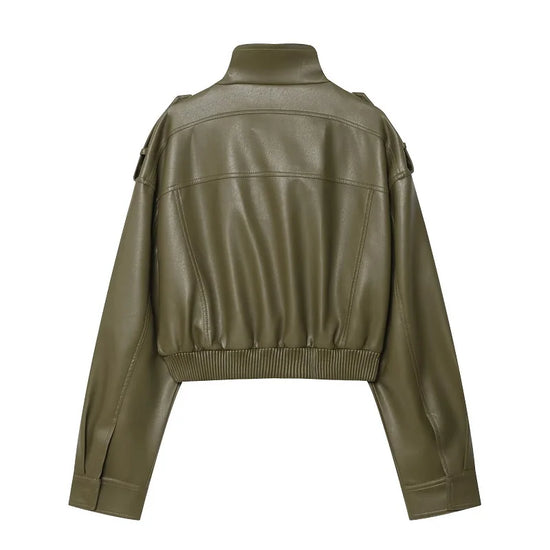 Giacca Bomber Donna Corta Effetto Pelle con Zip e Collo Alto