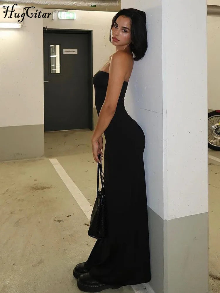 Abito Nero Elegante HugCitar – Maxi Dress Strapless Bodycon per Cerimonie, Party e Serate