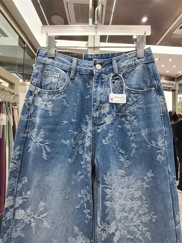 Jeans Wide Leg Donna a Vita Alta con Motivo Jacquard
