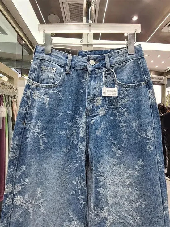 Jeans Wide Leg Donna a Vita Alta con Motivo Jacquard
