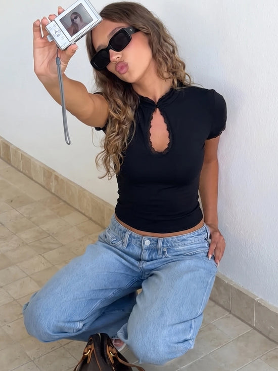 Dulzura O-Neck Short Sleeve Hollow Out Lace Ruffle Patchwork T-Shirt Women'S Solid Sexy Casual Y2K Top Party Club Street Clothes