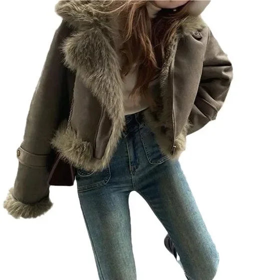 Giacca biker in pelle scamosciata donna con fodera in pelliccia sintetica – Cappotto corto casual slim fit per autunno e inverno