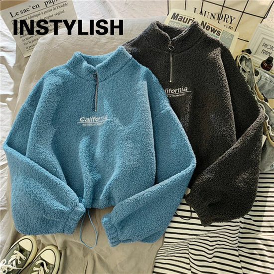 Felpa donna in pile con collo alto, zip e coulisse