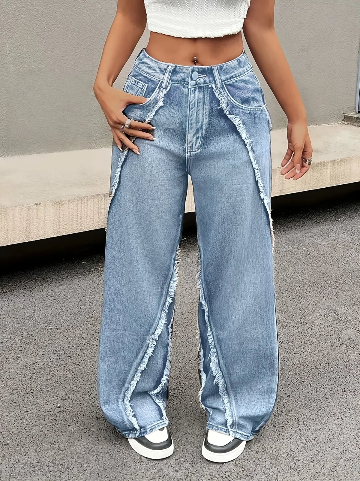 Jeans Wide Leg Donna Vita Alta con Orlo Sfrangiato - dettaglio prodotto