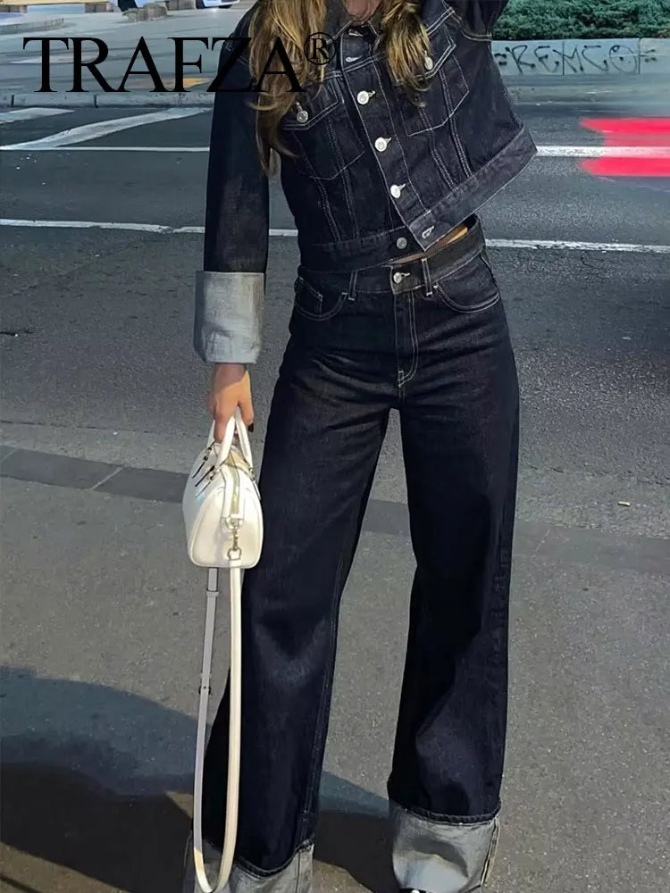 Giacca denim donna vintage 2025 – trench single-breasted con rever a collo, tasche & manica lunga blu scuro