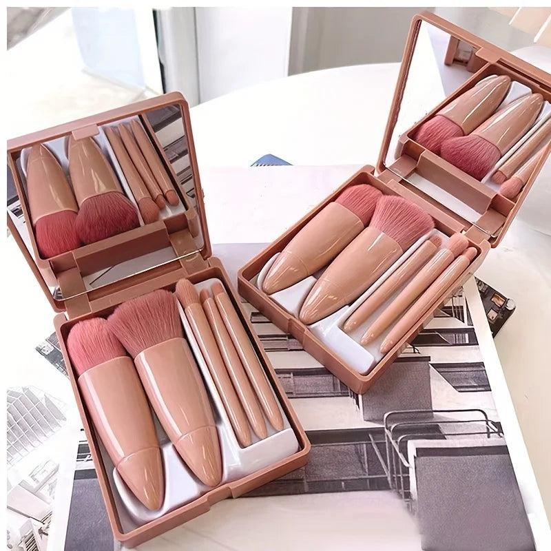 Set Pennelli Trucco Portatile 5 pezzi con Specchio – Kit Makeup da Viaggio