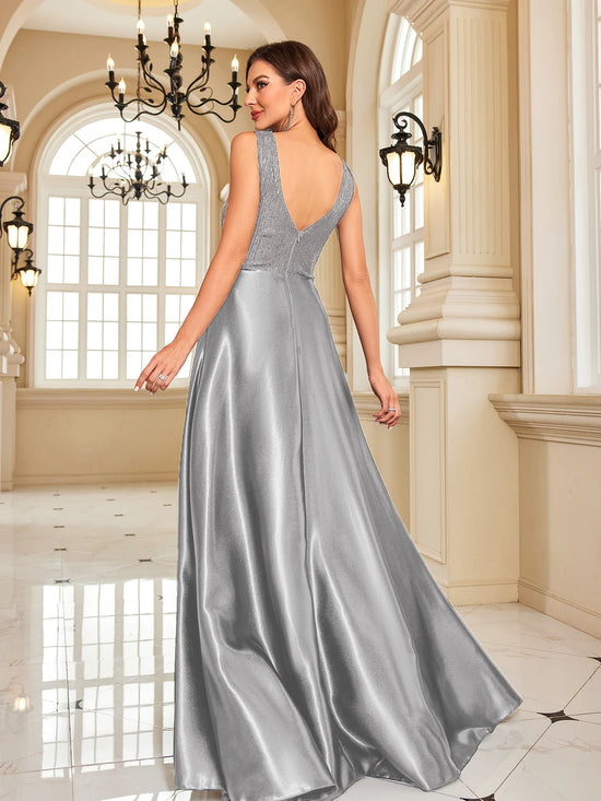 Abito Lungo Elegante Donna con Paillettes e Scollo V – Vestito Cerimonia Matrimonio