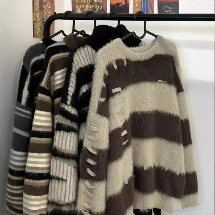 Maglione in “faux mink” righe e color block – Pullover oversize autunno/inverno morbido e fashion donna