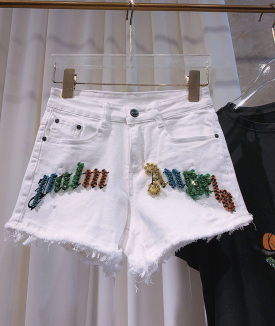 Shorts donna vita alta elasticizzati con strass – denim bianco slim fit per l’estate 2025