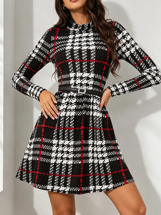 Vestito donna a quadri con maniche lunghe e cintura