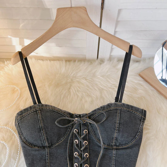 Top Denim Corsetto con Reggiseno Integrato – Crop Top Donna