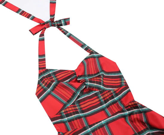 Abito donna autunno-inverno con motivo scozzese natalizio – manica lunga, vita regolare, stile elegante plaid rossa e verde