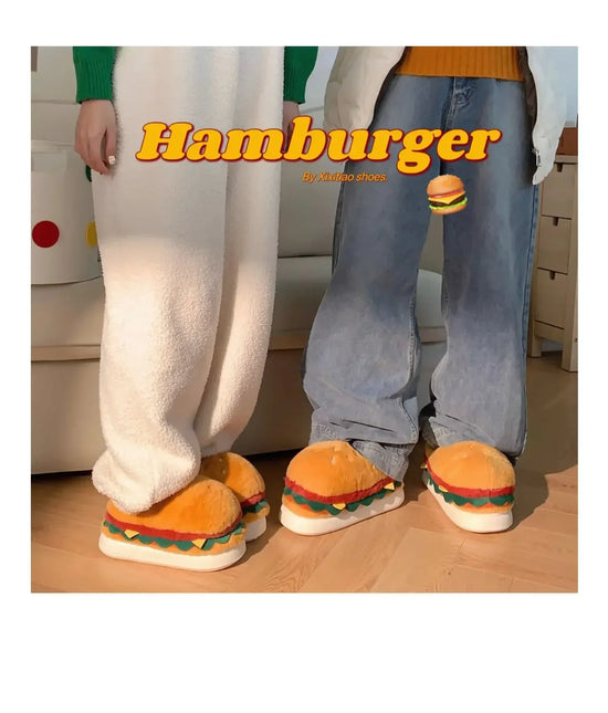 2026 new style autumn and winter fun home cotton slippers couple cute hamburger full-covered heel fuzzy shoes warm men and women