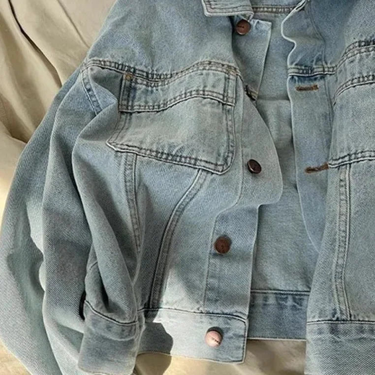 Giacca di jeans donna stile retro – Leggera e casual per primavera e autunno, maniche lunghe, taglio corto e ampio