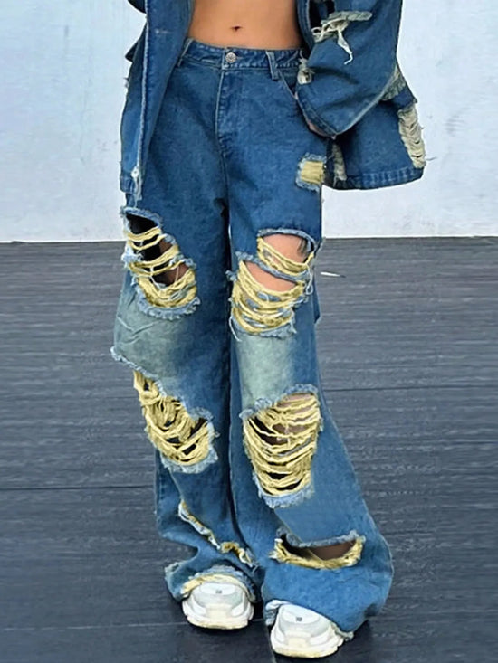 Jeans Donna Y2K Vita Alta con Strappi e Orlo a Taglio Vivo – Denim Streetwear per Look Urban e Ribelle