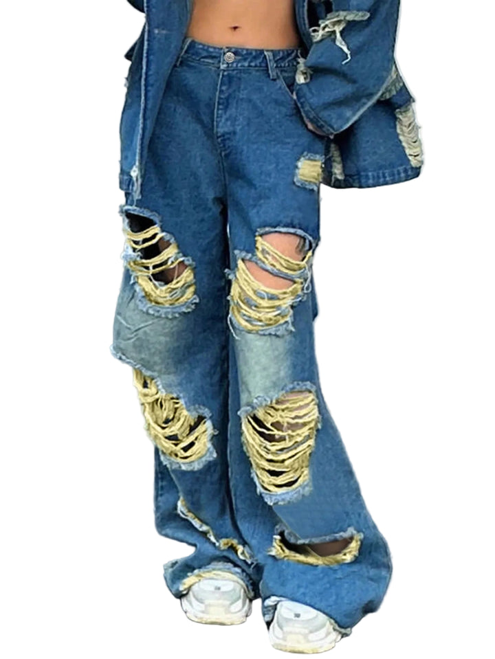 Jeans Donna Y2K Vita Alta con Strappi e Orlo a Taglio Vivo – Denim Streetwear per Look Urban e Ribelle