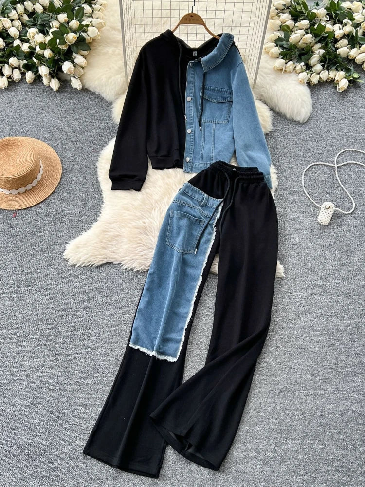 Set denim donna 2025 – completo felpa con cappuccio + pantaloni larghi elasticizzati, co-ord casual trendy