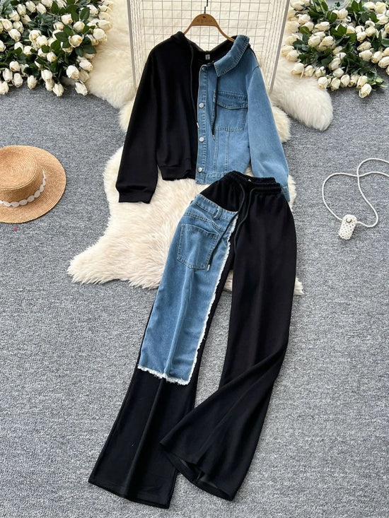 Set denim donna 2025 – completo felpa con cappuccio + pantaloni larghi elasticizzati, co-ord casual trendy