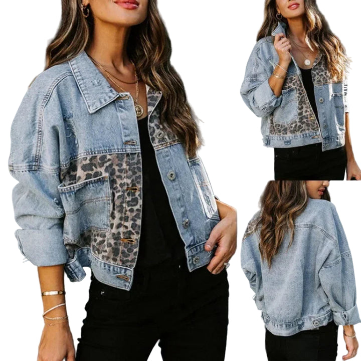 Giacca in denim donna con splicing leopardo – stile oversize 2025, maniche lunghe, collo classico