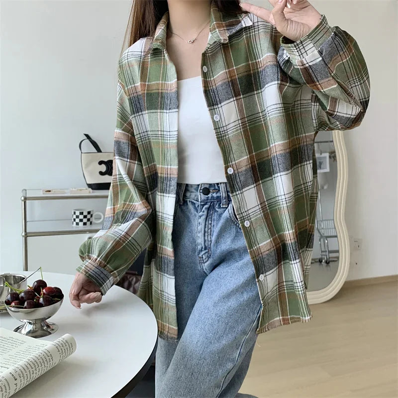 Camicia a quadri donna autunno 2025 – camicia manica lunga stile preppy vintage, taglio loose, single-breasted
