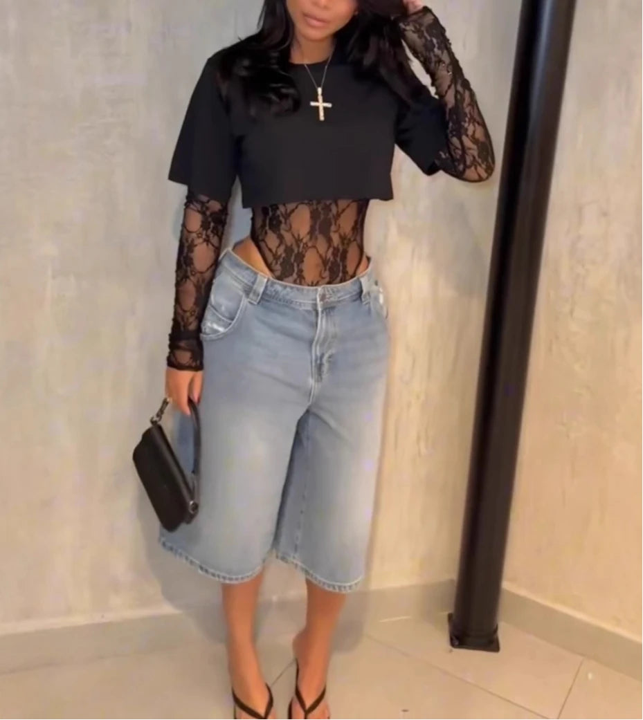 Body donna in pizzo a maniche lunghe, bianco o nero