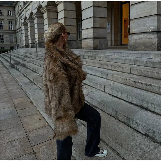 Cappotto in pelliccia sintetica con colletto a revers per donna – Giacca lunga a maniche lunghe, stile casual elegante per l'inverno 2025