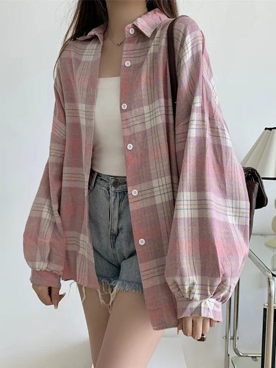 Camicia a quadri donna autunno 2025 – camicia manica lunga stile preppy vintage, taglio loose, single-breasted