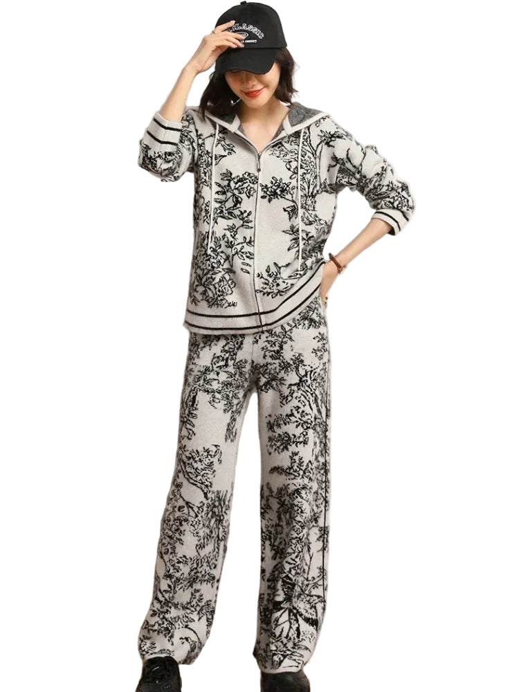 Completo Donna Maglia Vintage 2 Pezzi – Felpa con Zip e Pantaloni a Vita Alta