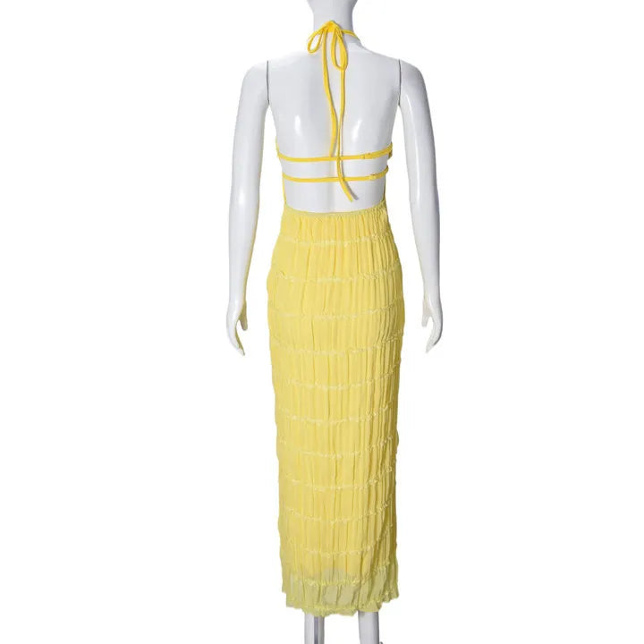 Abito Lungo Donna con Schiena Scoperta e Pieghe – Vestito Elegante Lotus Leaf 2026