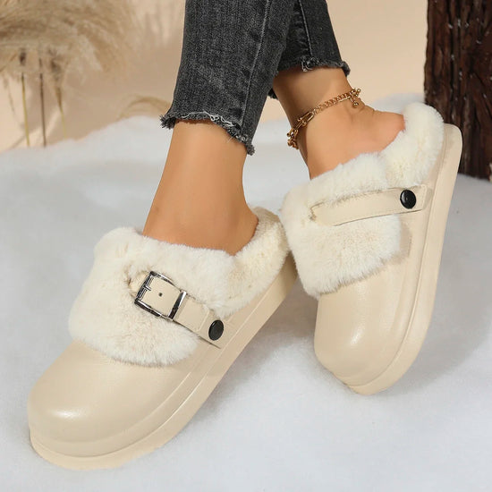 Women EVA Thick Sole Fur Slippers Closed Toe Fluffy Warm Home Slippers Woman Buckle Fashion Slip-on Cover Head Cotton Slippers