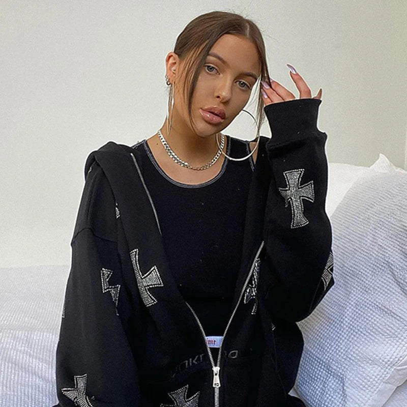 Felpa con cappuccio, zip e strass stile Y2K