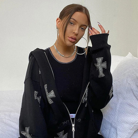 Felpa con cappuccio, zip e strass stile Y2K