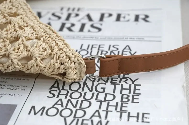 Borsa in paglia intrecciata traforata – straw hollow-out shoulder bag con tasca per smartphone, ideale per viaggio e shopping