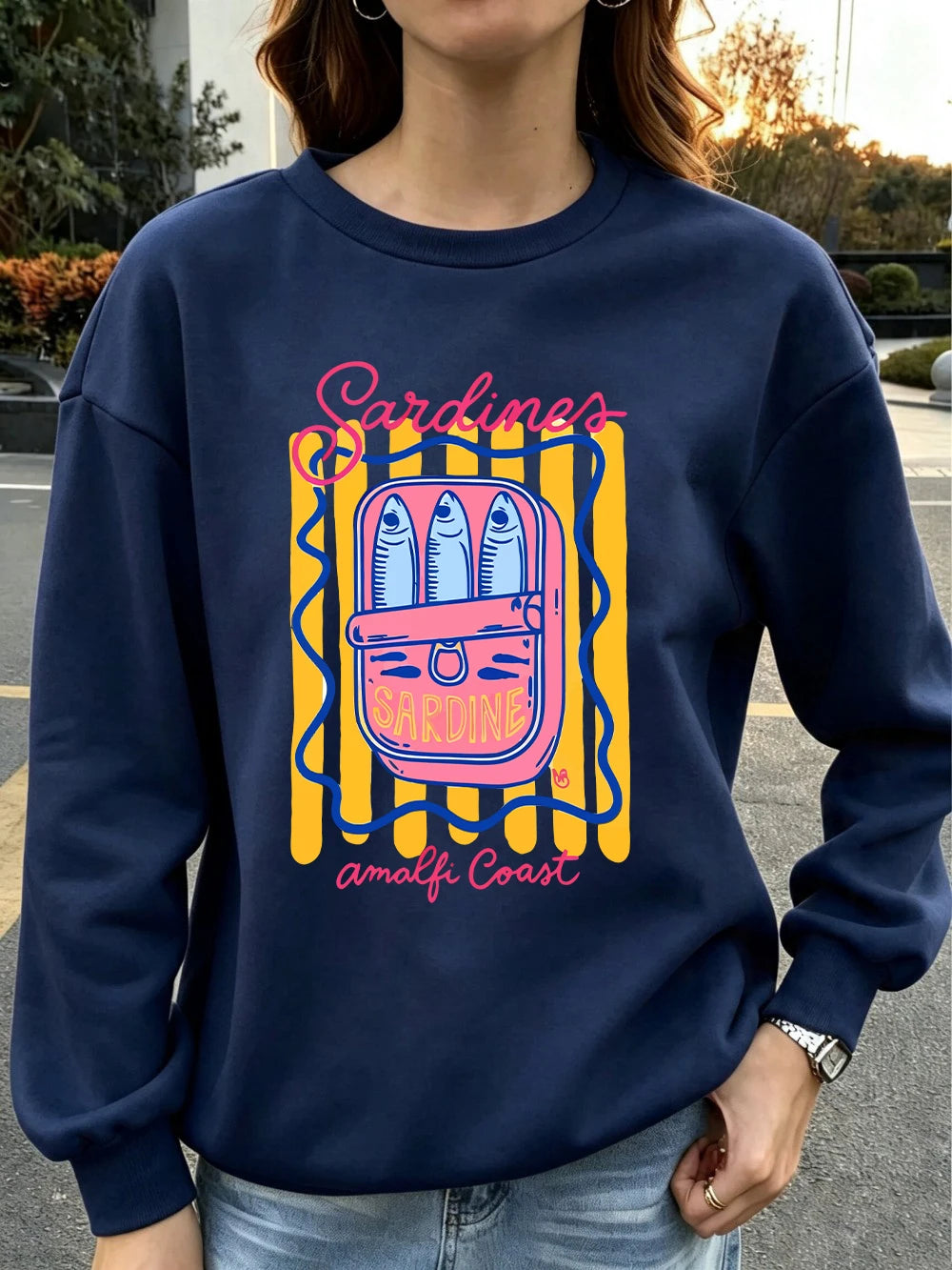 Felpa donna girocollo con stampa sardine Amalfi Coast - Blu scuro (Dark Blue)