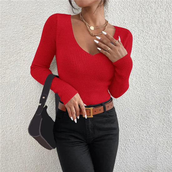 Maglia donna a costine con scollo a V e maniche lunghe
