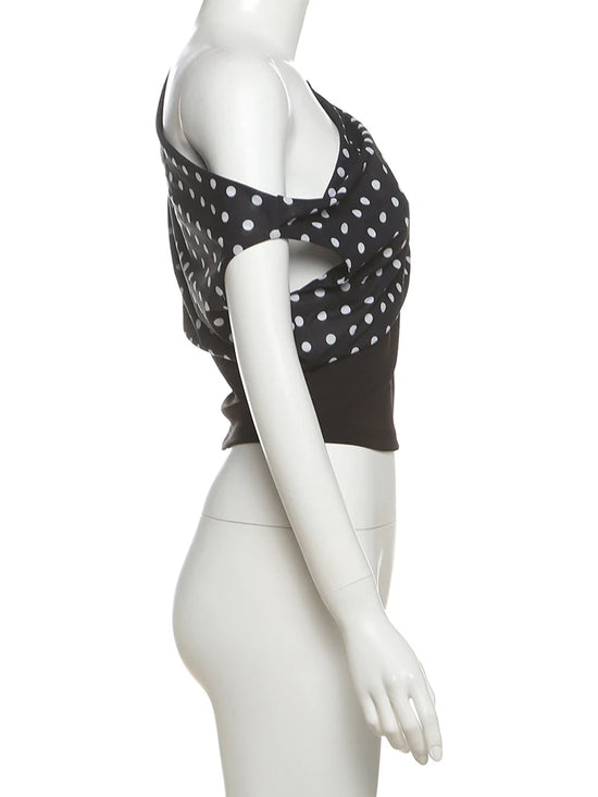Weird Puss Polka Dots Print T-Shirts Women Summer Trend Skew Collar Off Shoulder Backless Street Fashion Trend Ruched Crop Tops