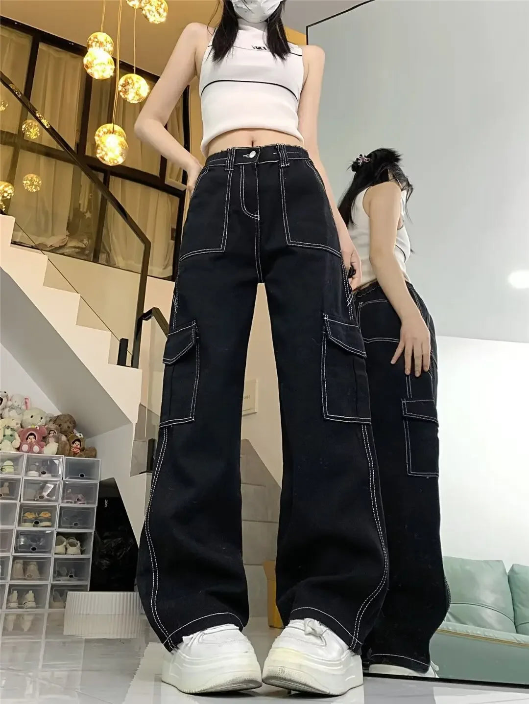Jeans donna vita alta – Straight / loose fit a gamba dritta, cargo stile, effetto snellente per primavera/autunno