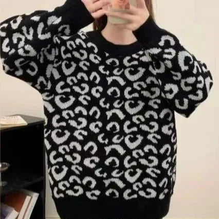 Pullover spesso jacquard 2025 donna – Maglione con fantasia leopard per autunno/inverno