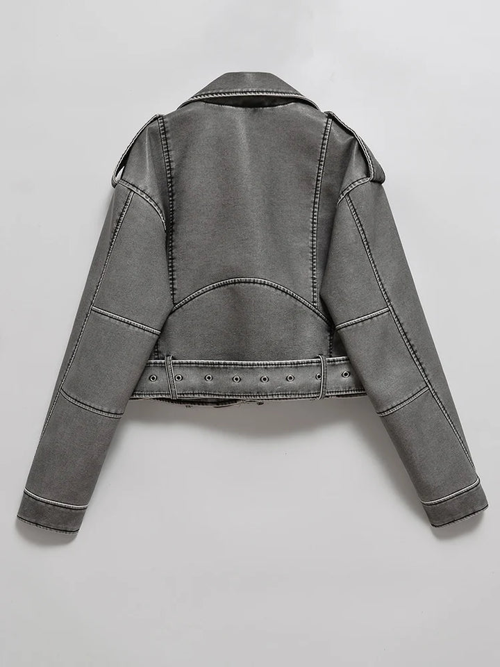 Giacca corta in pelle sintetica vintage donna 2025 – stile biker con zip, cintura e lavaggio effetto usato