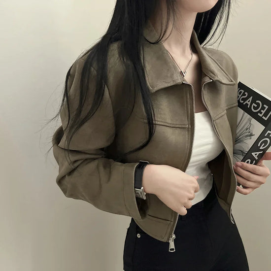 Giacca in pelle donna stile vintage – Giubbotto corto con zip, collo alla coreana, taglio slim fit, versatile e alla moda