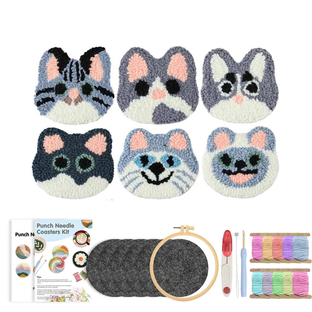 Kit Punch Needle Sottobicchieri Gatti – Set DIY Creativo per Principianti