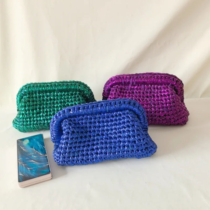 Clutch donna fatta a mano in crochet metallico – pochette elegante in filo metalizzato